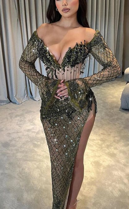 RP1007-Sparkling Green Mermaid Off--the-Shoulder Sequins Beads Long Sleeves Long Prom Evening Dresses Formal Party Gowns With Slit