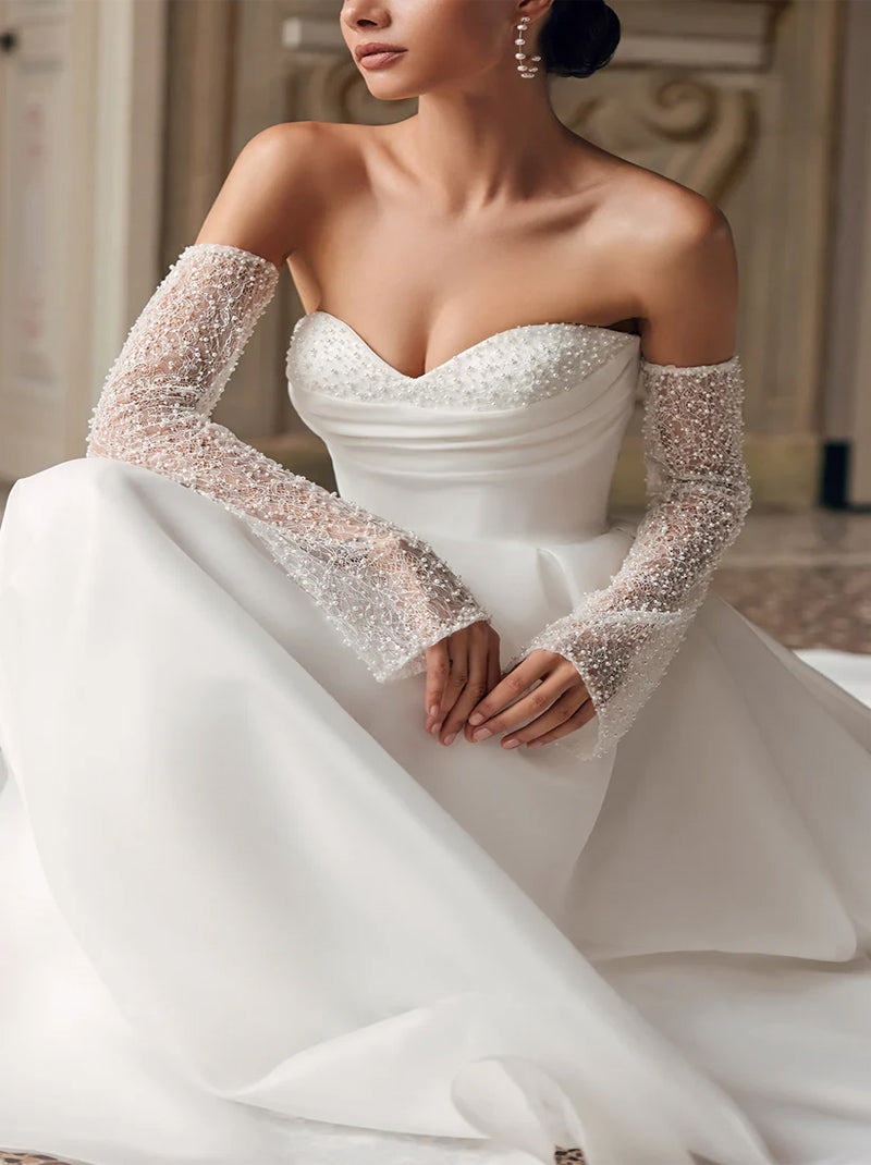 Simple A-Line Wedding Dresses Sweetheart Pleated Beads Long Sleeves Organza Sweep Train Bridal Gowns Custom Made