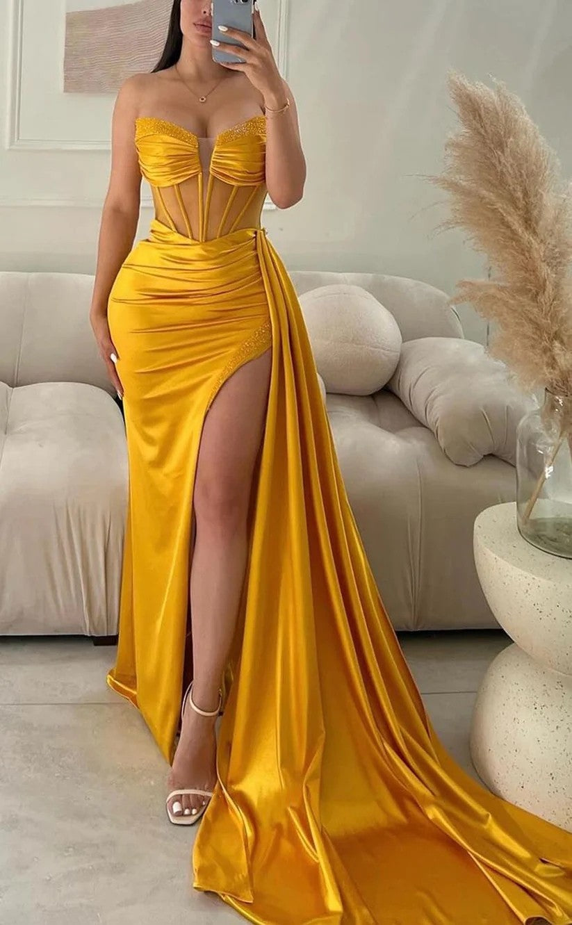 RP1005-Elegant Mermaid Fuchsia Sweetheart Beads Sleeveless Long Prom Evening Dresses Formal Party Gowns With Slit
