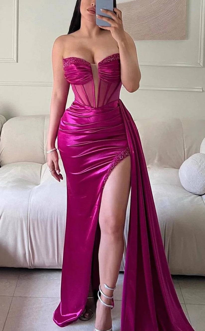 RP1005-Elegant Mermaid Fuchsia Sweetheart Beads Sleeveless Long Prom Evening Dresses Formal Party Gowns With Slit