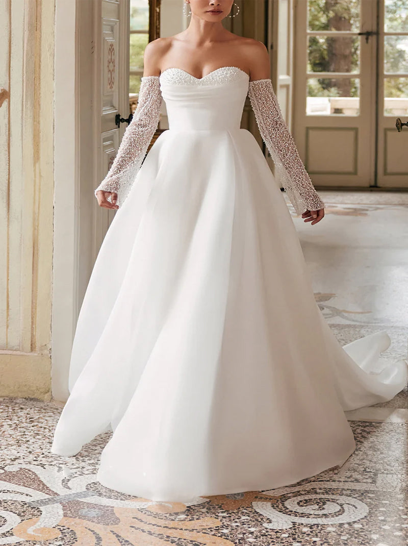 Simple A-Line Wedding Dresses Sweetheart Pleated Beads Long Sleeves Organza Sweep Train Bridal Gowns Custom Made