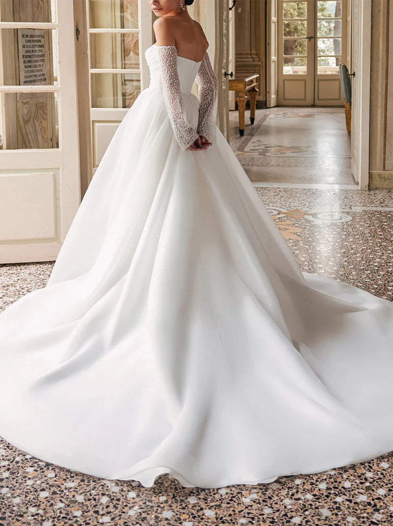 Simple A-Line Wedding Dresses Sweetheart Pleated Beads Long Sleeves Organza Sweep Train Bridal Gowns Custom Made