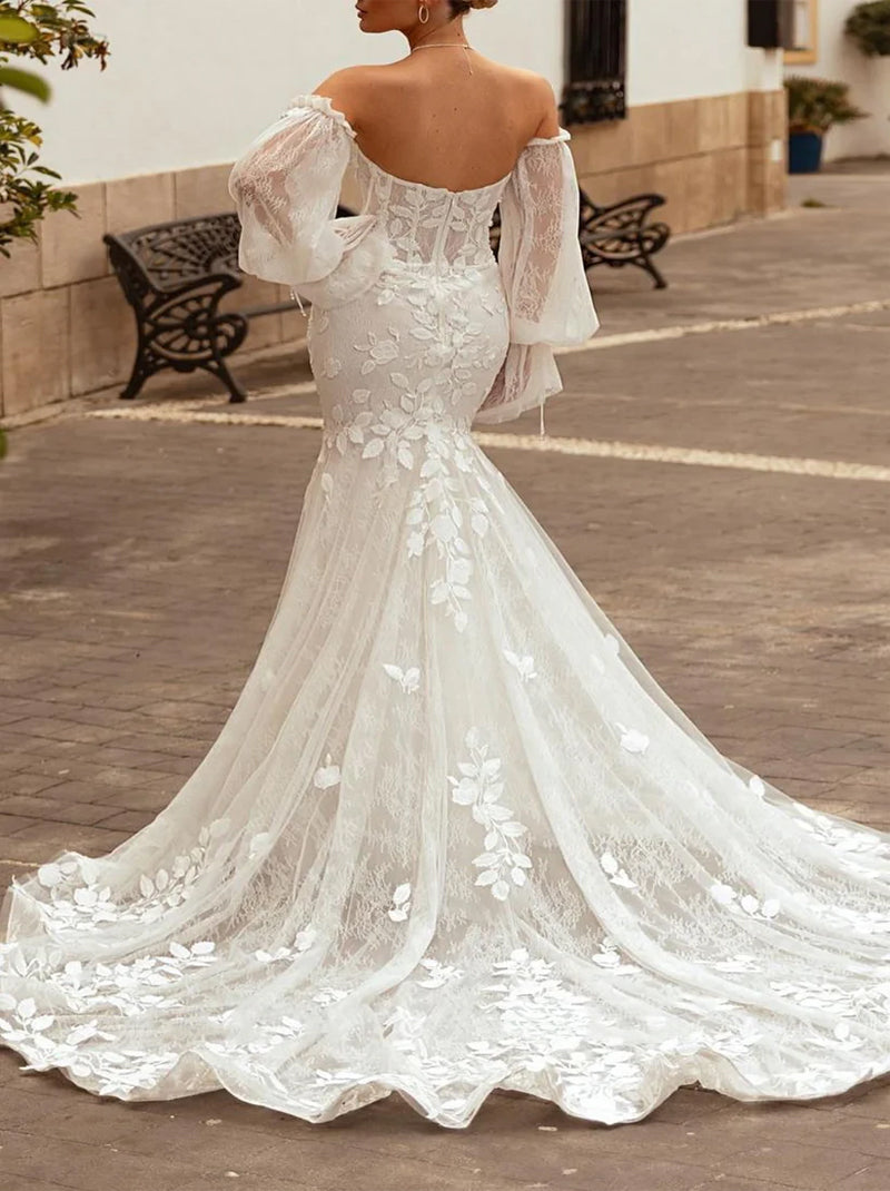 Simple Mermaid Wedding Dresses Sweetheart Puffy Sleeves Tulle Sweep Train Bridal Gowns Custom