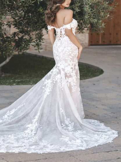 Gorgeous Mermaid Wedding Dresses Off The Shoulder Appliqued Tulle Sweep Train Bridal Gowns Custom Made