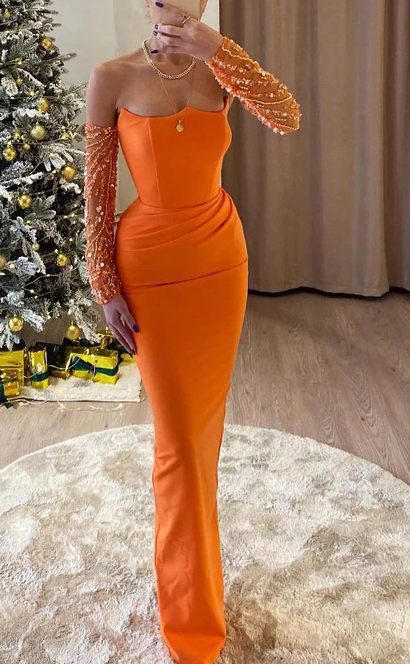 RP1003-Elegant Orange Mermaid Strapless Ruched Beads Sequins Long Sleeves Long Prom Evening Dresses Formal Party Gowns