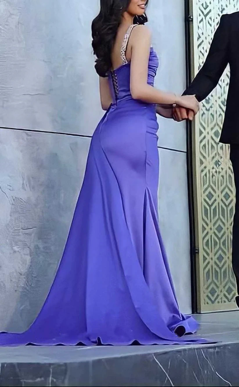 RP1927-Modern Purple Mermaid Spaghetti Pleated Crystals Sleeveless Satin Prom Evening Dresses Formal Party Gowns With Slit