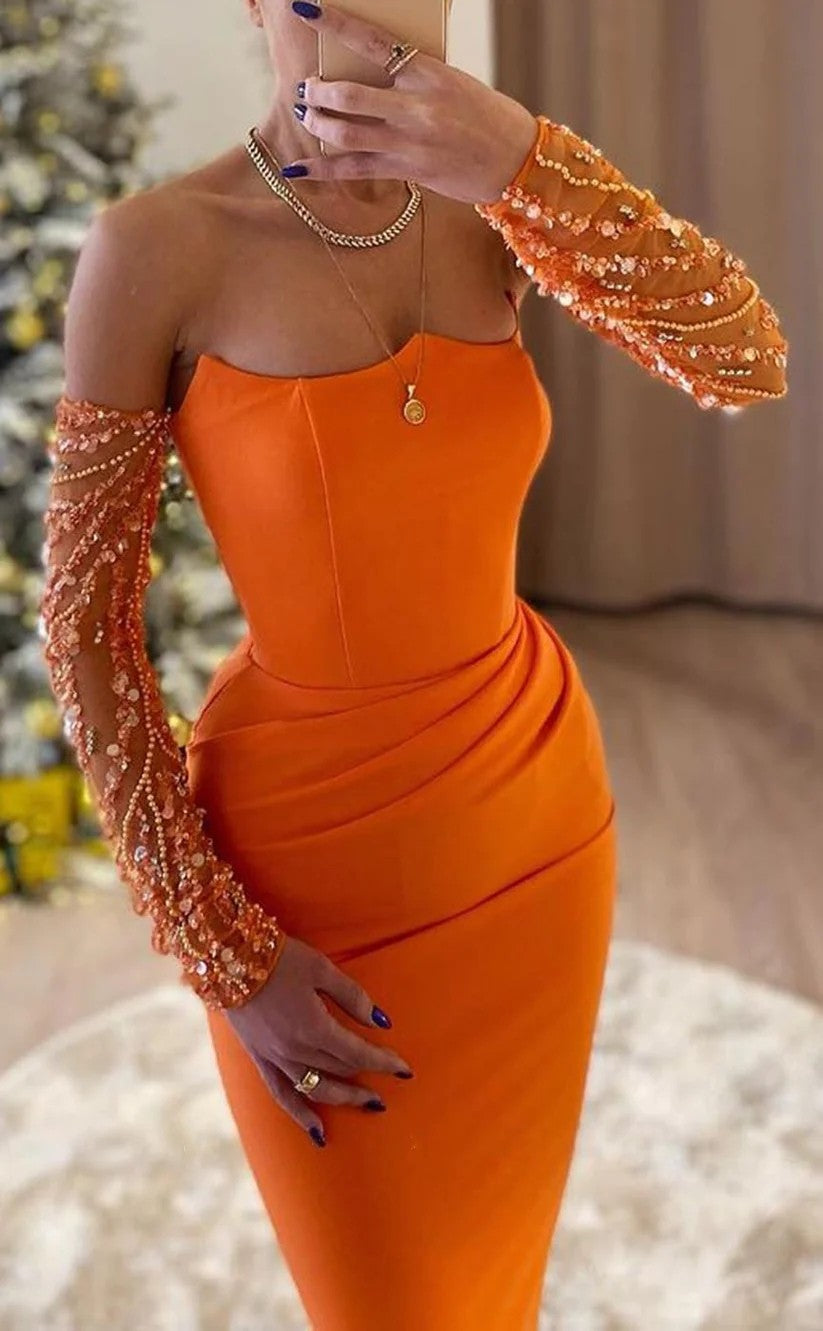 RP1003-Elegant Orange Mermaid Strapless Ruched Beads Sequins Long Sleeves Long Prom Evening Dresses Formal Party Gowns