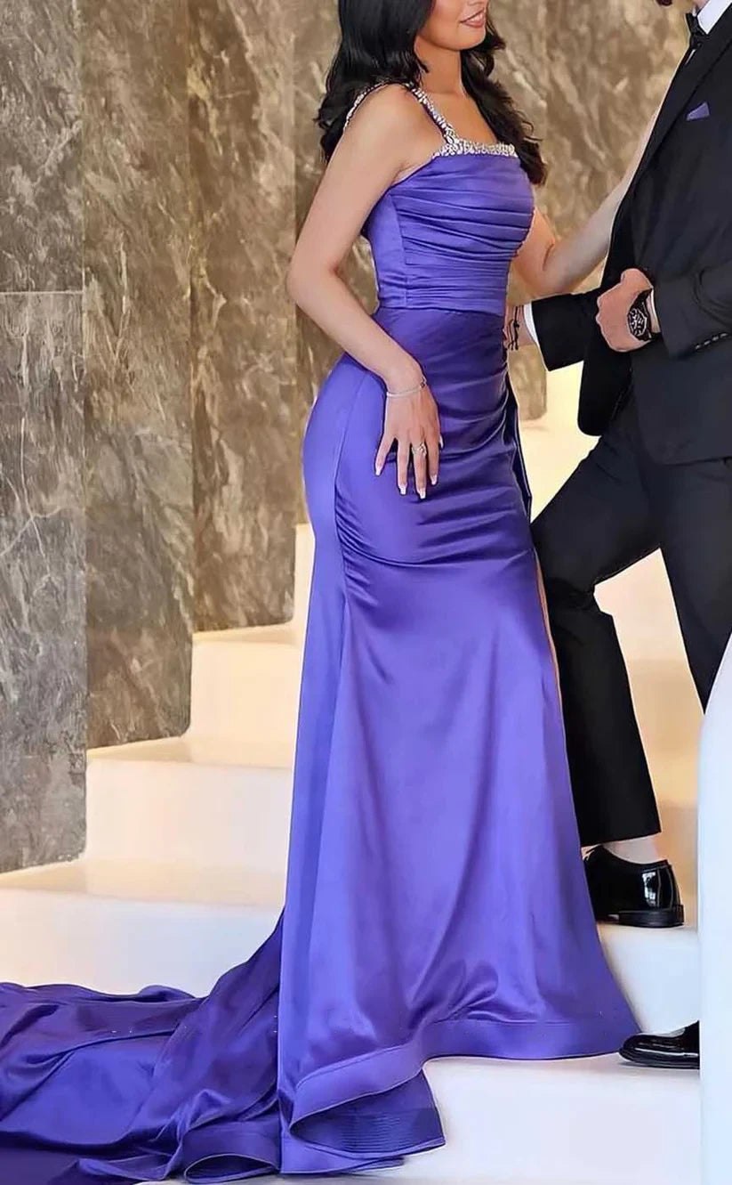 RP1927-Modern Purple Mermaid Spaghetti Pleated Crystals Sleeveless Satin Prom Evening Dresses Formal Party Gowns With Slit