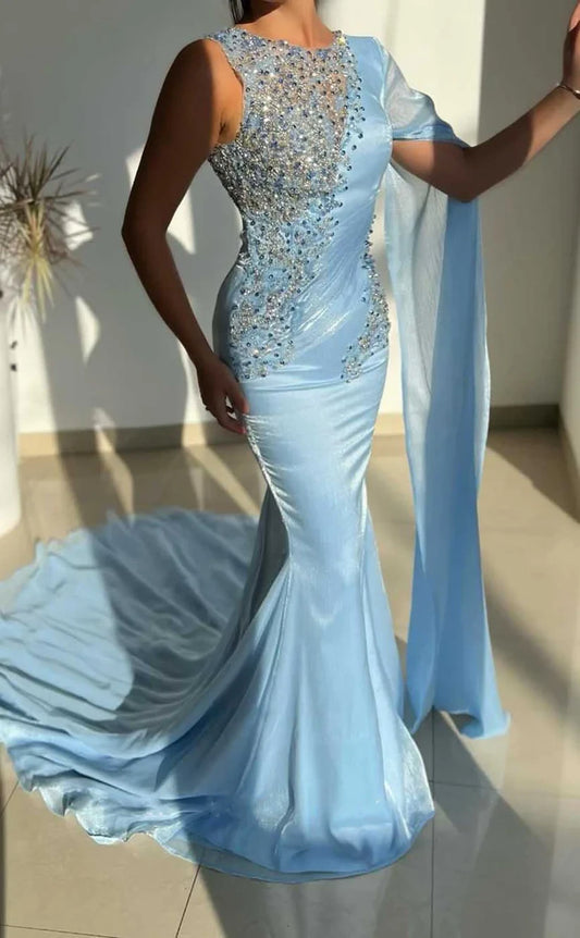 RP1910-Elegant Sky Blue Mermaid Scoop Appliqued Beaded Sleeveless Satin Prom Evening Dresses Formal Party Gowns With Train