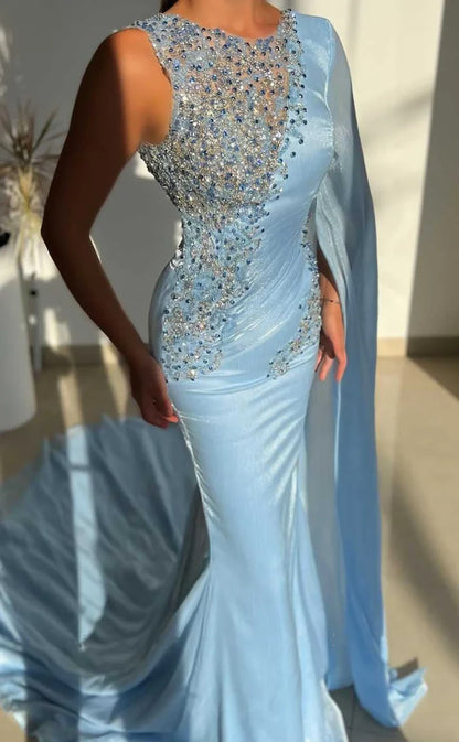 RP1910-Elegant Sky Blue Mermaid Scoop Appliqued Beaded Sleeveless Satin Prom Evening Dresses Formal Party Gowns With Train