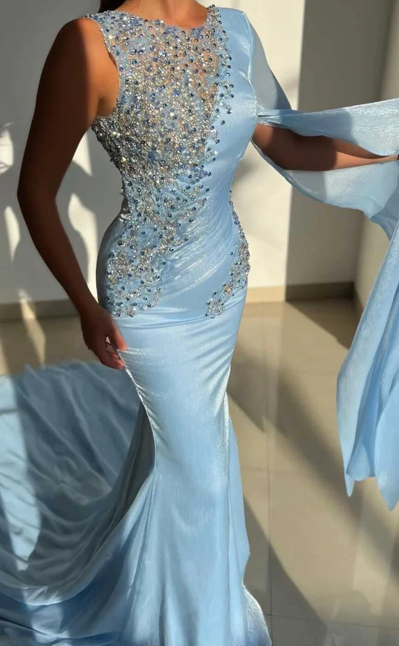 RP1910-Elegant Sky Blue Mermaid Scoop Appliqued Beaded Sleeveless Satin Prom Evening Dresses Formal Party Gowns With Train