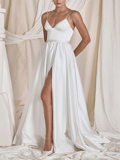 Simple A-Line Beach Wedding Dresses Spaghetti Pleated Satin Sweep Train Bridal Gowns With Slit