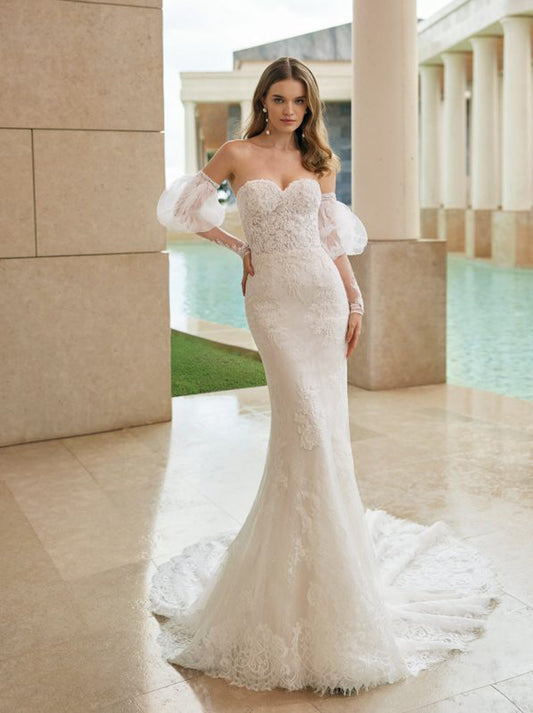 Sexy Mermaid Wedding Dresses Sweetheart Beads Appliques Detachable Puffy Short Sleeves Lace Court Train Bridal Gowns Custom Made