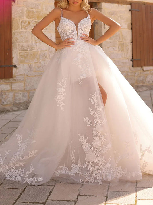 Gorgeous A-Line Beach Wedding Dresses Spaghetti Appliqued Tulle Sweep Train Bridal Gowns With Slit