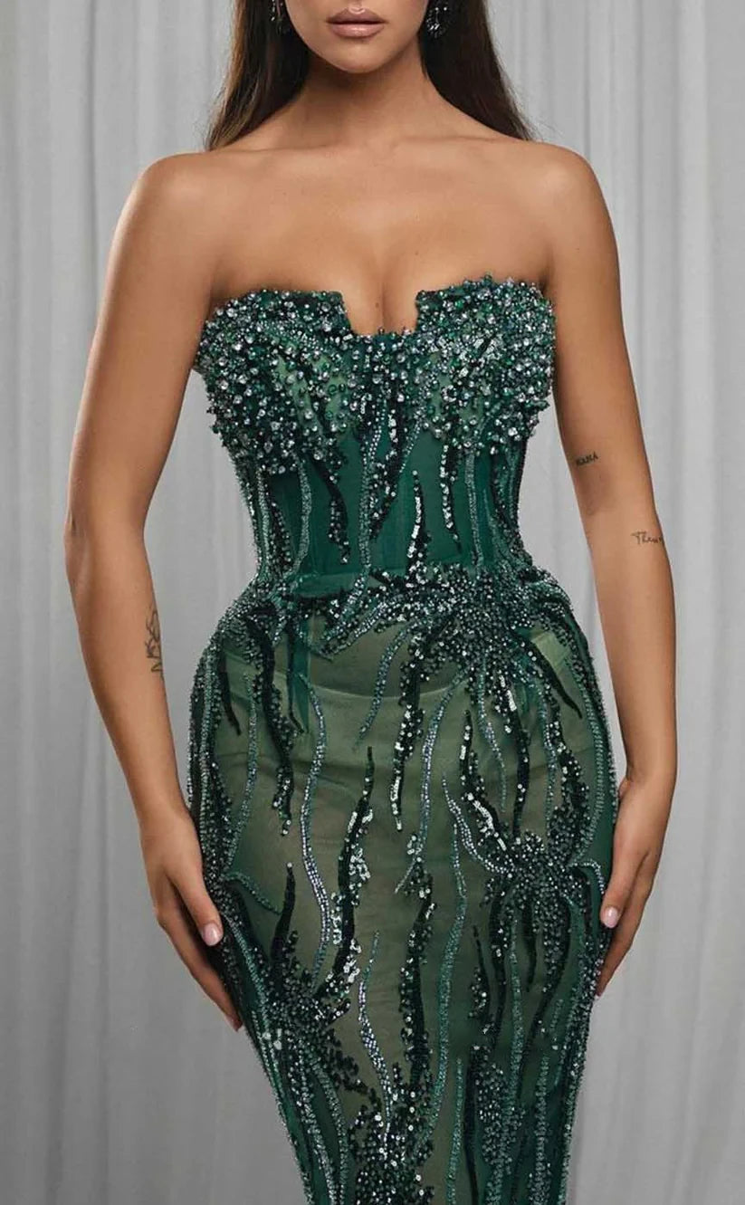 RP1907-Luxury Green Mermaid Sweetheart Sequins Beaded Sleeveless Long Prom Evening Dresses Formal Party Gowns With Train