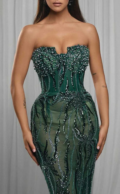 RP1907-Luxury Green Mermaid Sweetheart Sequins Beaded Sleeveless Long Prom Evening Dresses Formal Party Gowns With Train