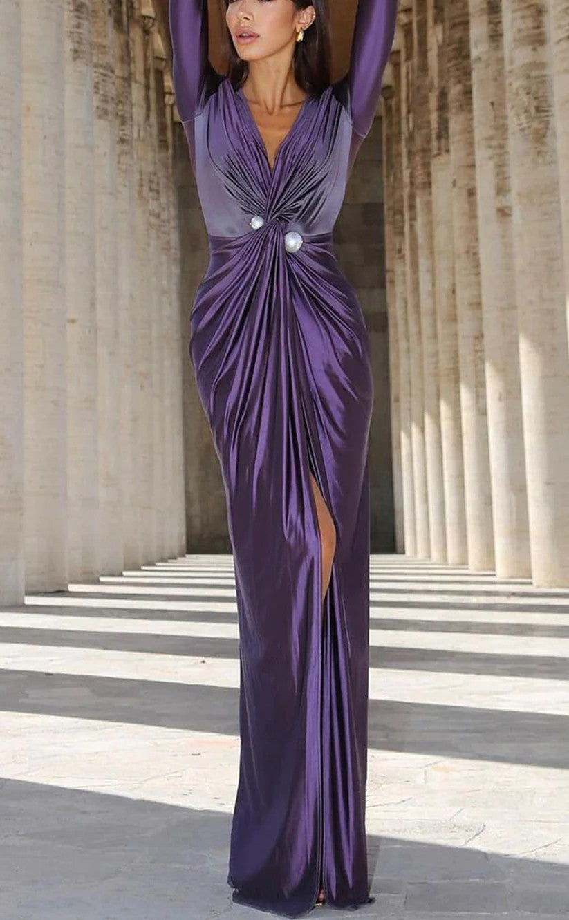 RP1000-Unique Purple Mermaid V-Neck Ruched Pearls Long Sleeves Prom Evening Dresses Formal Party Gowns