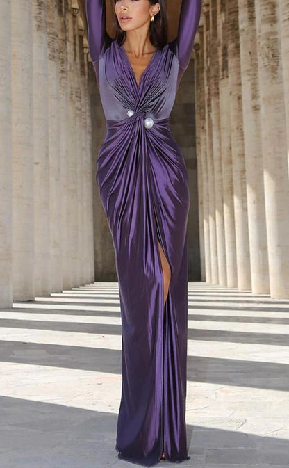 RP1000-Unique Purple Mermaid V-Neck Ruched Pearls Long Sleeves Prom Evening Dresses Formal Party Gowns
