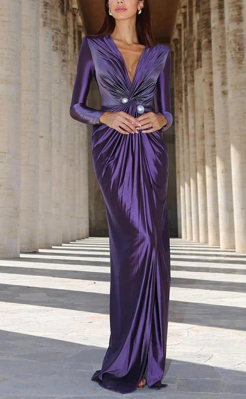 RP1000-Unique Purple Mermaid V-Neck Ruched Pearls Long Sleeves Prom Evening Dresses Formal Party Gowns