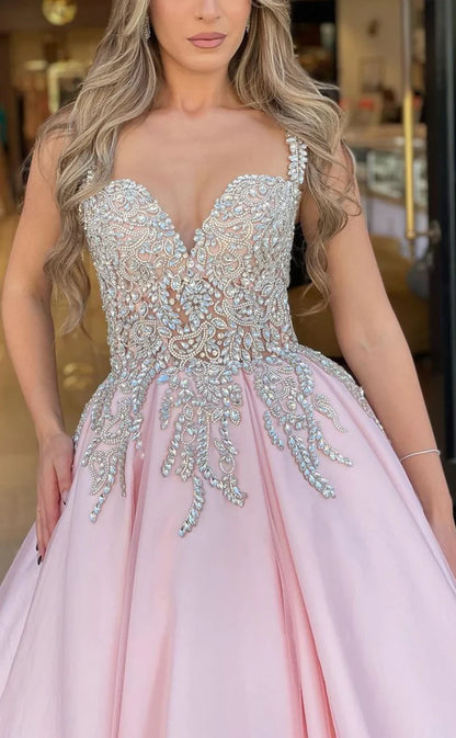 RP1034-Elegant Pink A-Line Spaghetti Beads Crystals Sleeveless Long Prom Evening Dresses Formal Party Gowns With Train