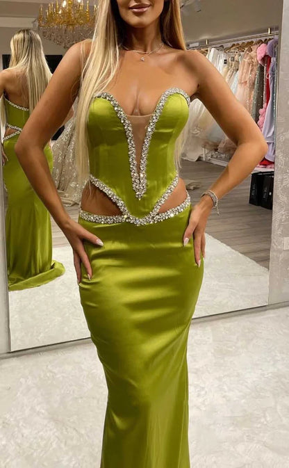 RP1914-New Olive Mermaid Sweetheart Ruched Beaded Sleeveless Satin Prom Evening Dresses Formal Party Gowns With Cut-out