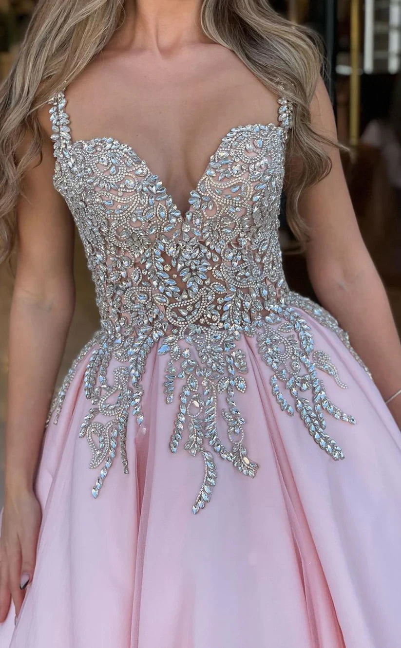 RP1034-Elegant Pink A-Line Spaghetti Beads Crystals Sleeveless Long Prom Evening Dresses Formal Party Gowns With Train