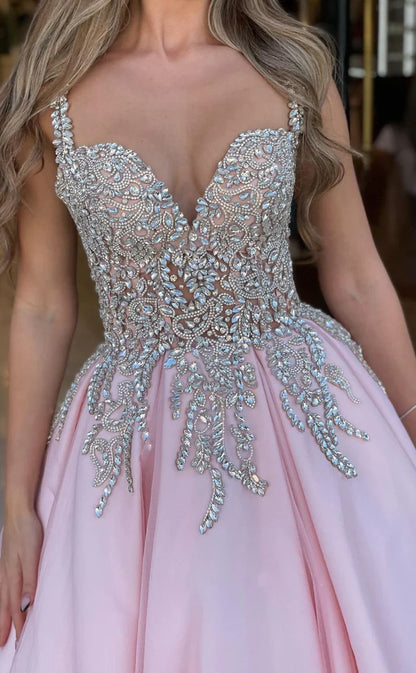 RP1034-Elegant Pink A-Line Spaghetti Beads Crystals Sleeveless Long Prom Evening Dresses Formal Party Gowns With Train