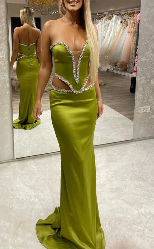 RP1914-New Olive Mermaid Sweetheart Ruched Beaded Sleeveless Satin Prom Evening Dresses Formal Party Gowns With Cut-out