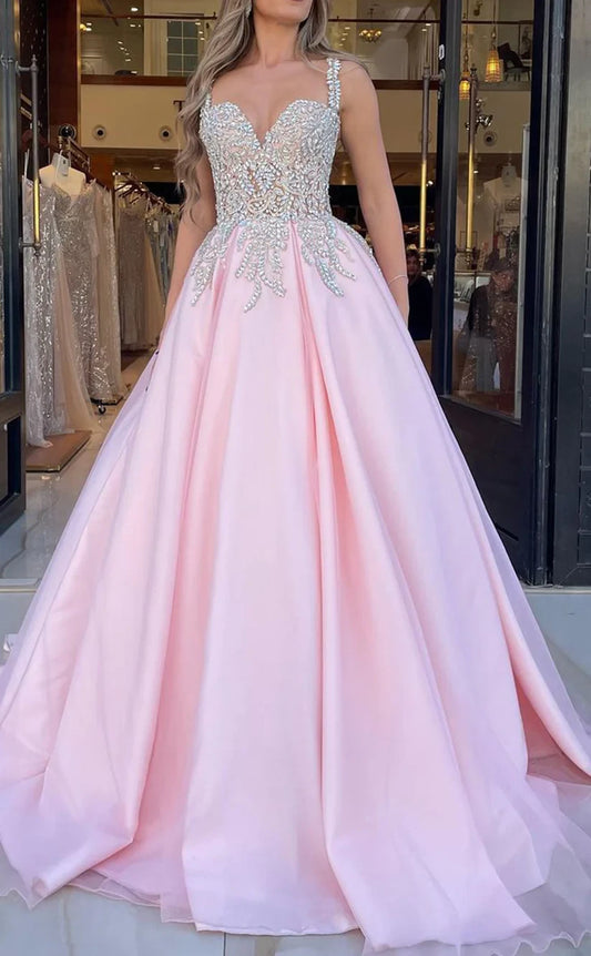 RP1034-Elegant Pink A-Line Spaghetti Beads Crystals Sleeveless Long Prom Evening Dresses Formal Party Gowns With Train