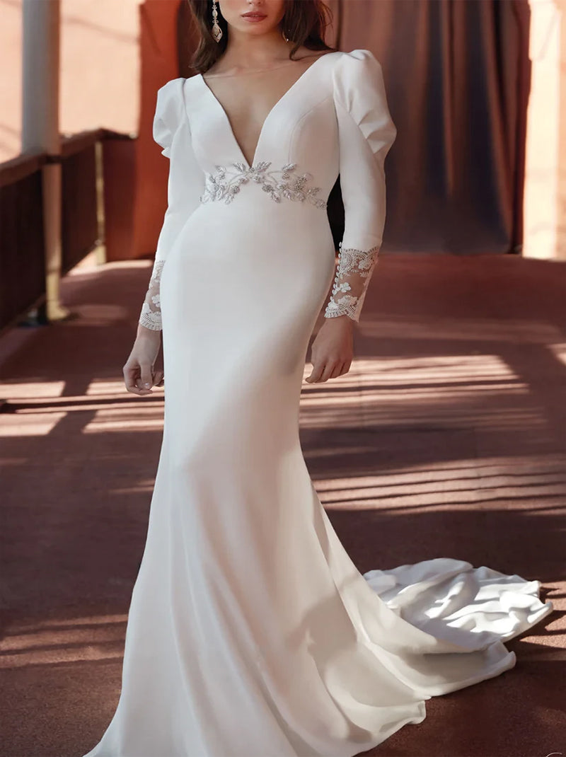 Simple Mermaid Wedding Dresses V-Neck Appliqued Satin Sweep Train Bridal Gowns Custom Made