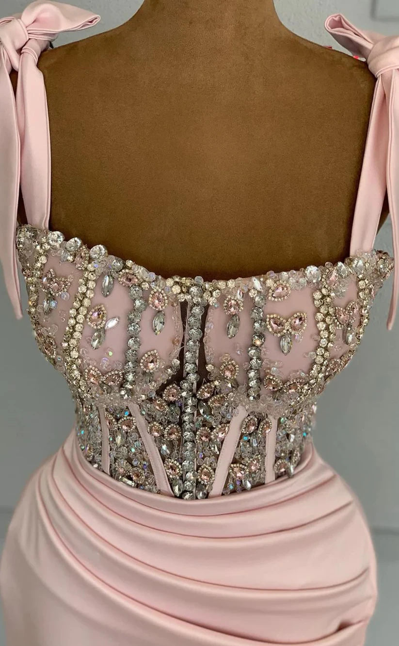 RP1035-Elegant Mermaid Spaghetti Beads Crystals Sleeveless Long Prom Evening Dresses Formal Party Gowns With Pleated