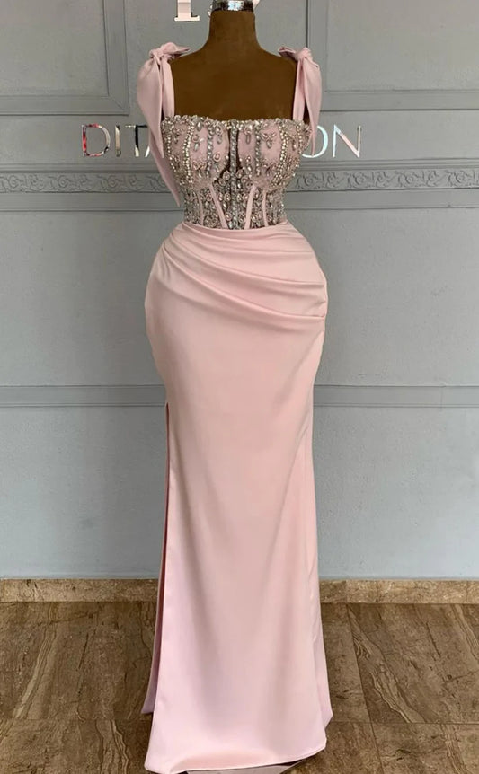 RP1035-Elegant Mermaid Spaghetti Beads Crystals Sleeveless Long Prom Evening Dresses Formal Party Gowns With Pleated