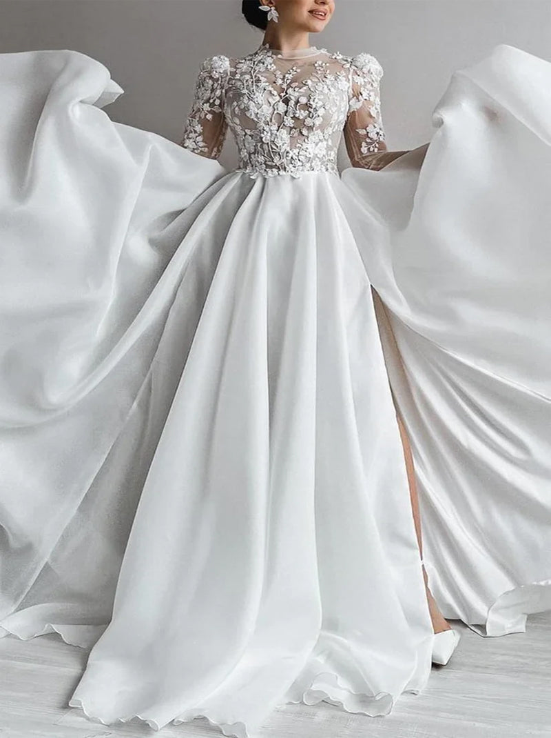 Modern A-Line Beach Wedding Dresses High Collar Appliqued Organza Sweep Train Bridal Gowns With Slit