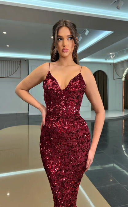 RP279-Burgundy Trumpet Spaghetti Beads Sequins Sleeveless Prom Evening Dresses Formal Party Gowns