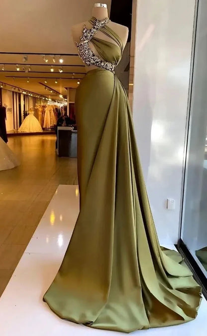 RP1899-Elegant Olive Mermaid High Neck Beaded Pleated Sleeveless Satin Long Prom Evening Dresses Formal Party Gowns With Slit