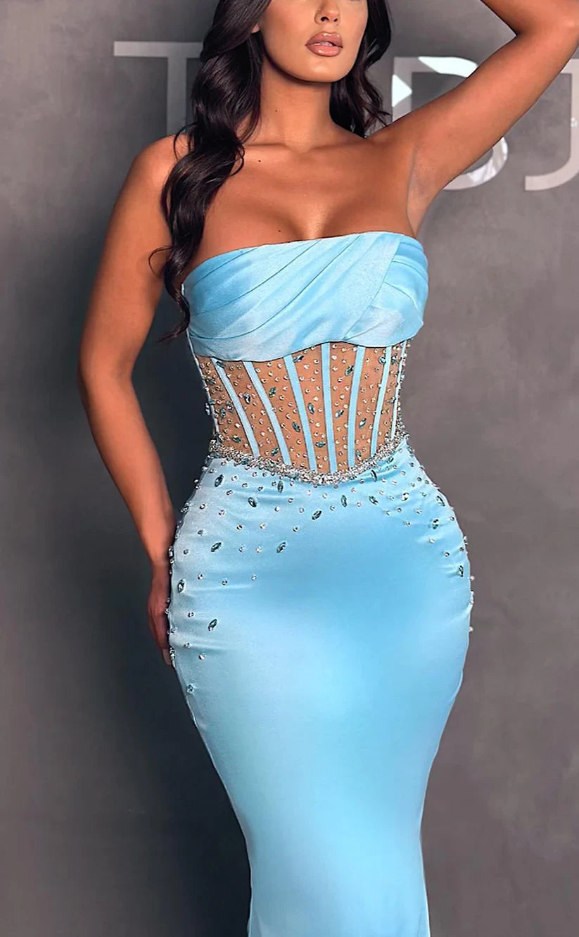 RP1024-Elegant Sky Blue Mermaid Strapless Ruched Beads Sleeveless Long Prom Evening Dresses Formal Party Gowns