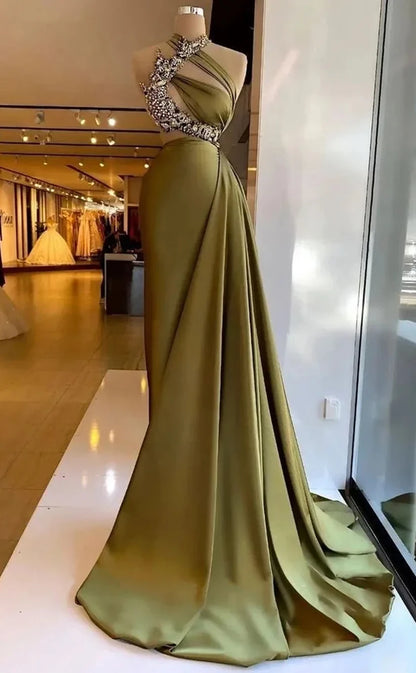 RP1899-Elegant Olive Mermaid High Neck Beaded Pleated Sleeveless Satin Long Prom Evening Dresses Formal Party Gowns With Slit