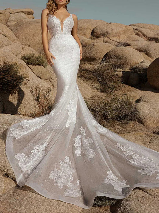 Luxurious Mermaid Wedding Dresses Spaghetti Appliqued Tulle Court Train Bridal Gowns Custom Made