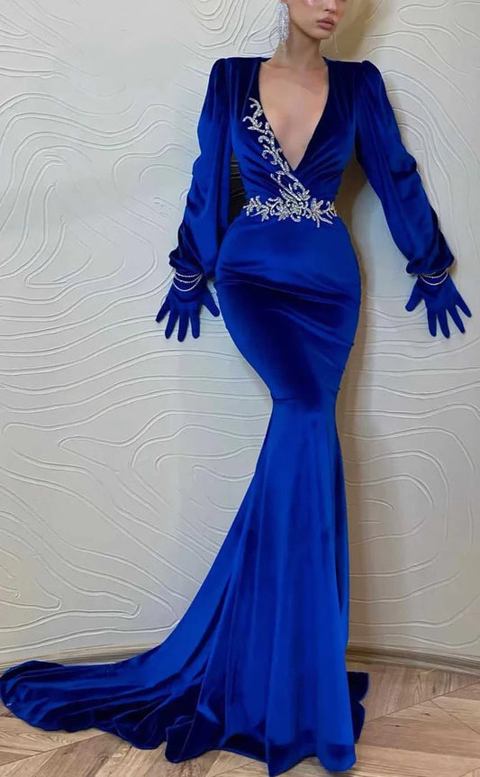 RP1027-Gorgeous Royal Blue Mermaid V-Neck Beads Crystals Long Sleeves Velvet Prom Evening Dresses Formal Party Gowns