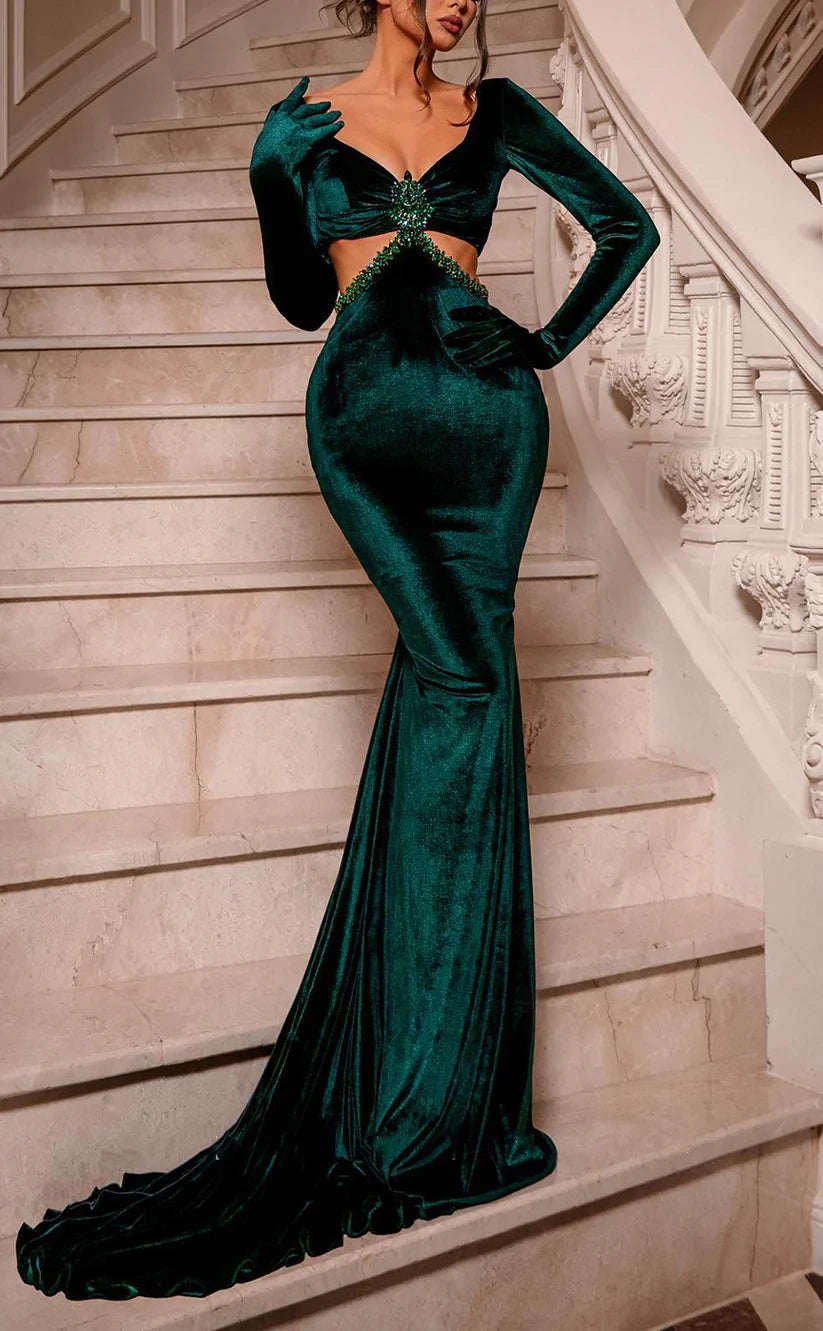 RP1905-Elegant Green Mermaid V-Neck Beaded Pleated Long Sleeves Velvet Prom Evening Dresses Formal Party Gowns With Slit