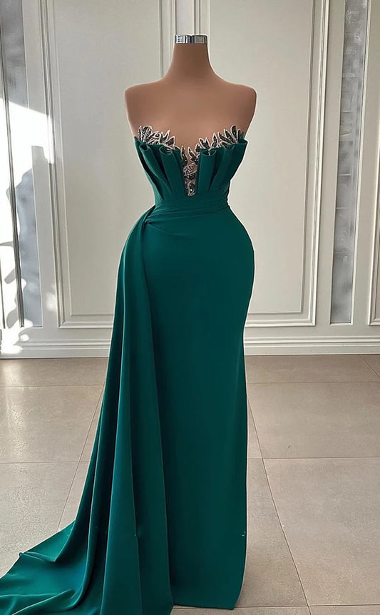 RP1901-Elegant Green Mermaid Strapless Beaded Sleeveless Satin Long Prom Evening Dresses Formal Party Gowns With Slit