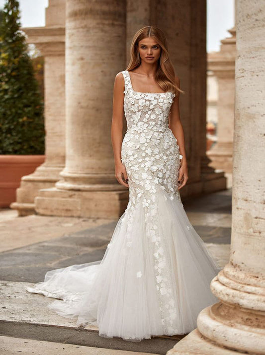 Elegant & Gorgeous Mermaid Boho Wedding Dresses Spaghetti Sequins Appliqued Sleeveless Tulle Sweep Train Bridal Gowns Custom