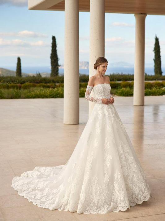 White A-Line Wedding Dresses Strapless Appliques Beads Detachable Long Sleeves Court Tulle Bridal Gowns Custom Made