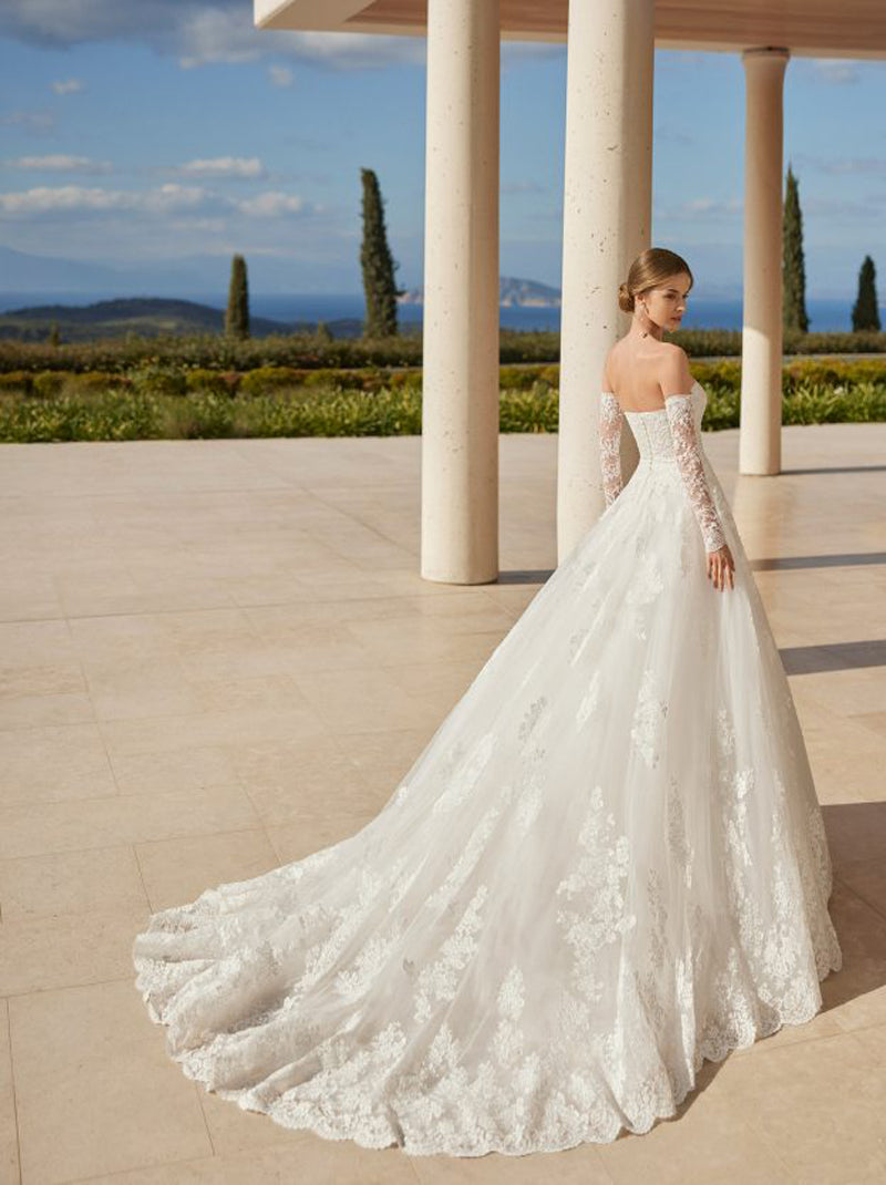 White A-Line Wedding Dresses Strapless Appliques Beads Detachable Long Sleeves Court Tulle Bridal Gowns Custom Made