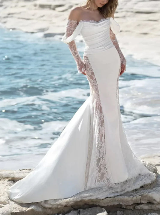 Gorgeous Mermaid Beach Wedding Dresses Off The Shoulder Sequins Satin Sweep Train Bridal Gowns Custom Made