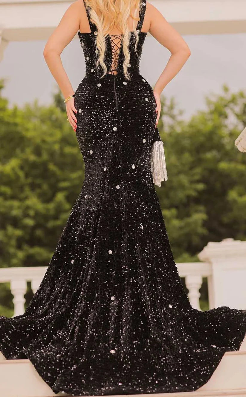 RP1030-Elegant Black Mermaid Spaghetti Beads Crystals Sleeveless Long Prom Evening Dresses Formal Party Gowns With Train