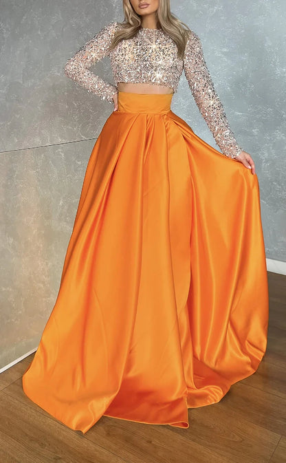 RP1896-Two Pieces Orange A-Line High Neck Long Sleeves Sequins Crystals Satin Long Prom Evening Dresses Formal Party Gowns