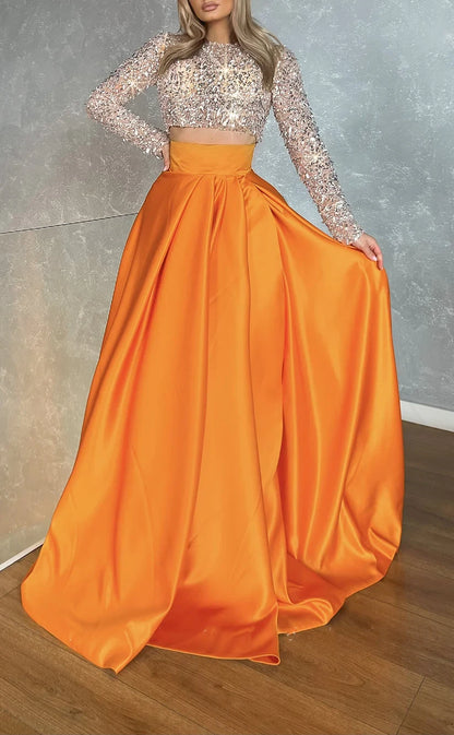 RP1896-Two Pieces Orange A-Line High Neck Long Sleeves Sequins Crystals Satin Long Prom Evening Dresses Formal Party Gowns