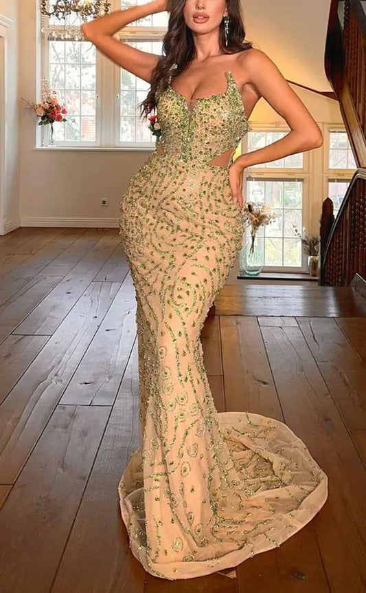 RP1022-Sparkling Mermaid Strapless Beads Sequins Sleeveless Long Prom Evening Dresses Formal Party Gowns