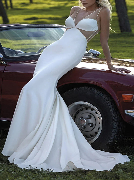 Sexy Mermaid Wedding Dresses V-Neck Sleeveless Satin Sweep Train Bridal Gowns Custom Made